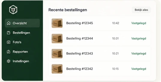 BoxEye softwaredashboard met zendingen en foto-opnames